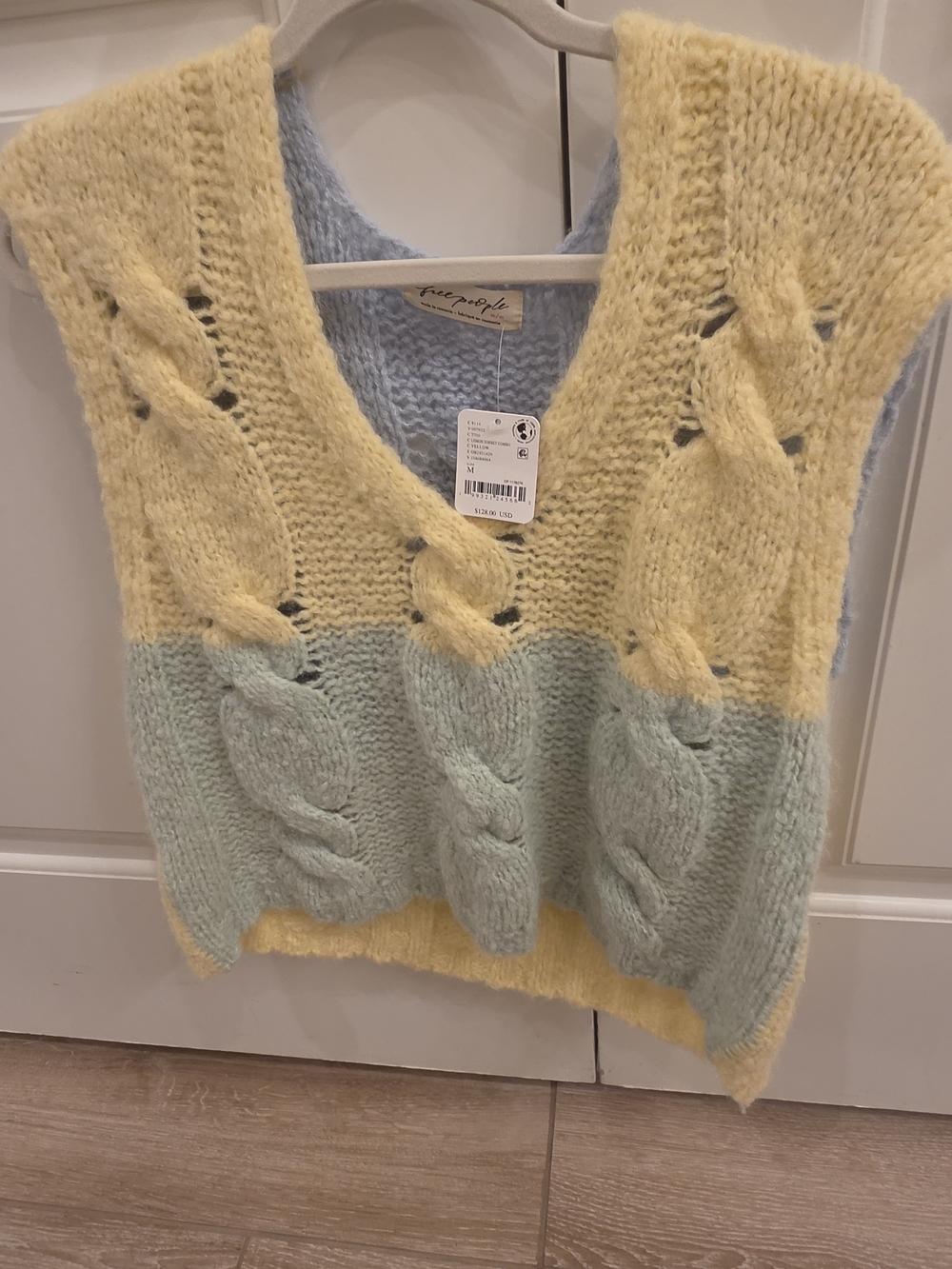 Free People Pastel Yellow and Light Blue Cable Knit V-Neck Sweater Vest